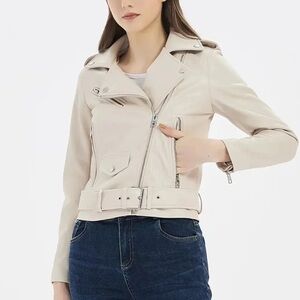 Express Woman’s Small Cream Asymmetrical Neckline Faux Leather Jacket